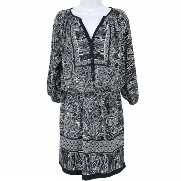 Cache Women’s Blouson Dress  Size M Paisley Print Black & White Button Up V Neck - Picture 10 of 10